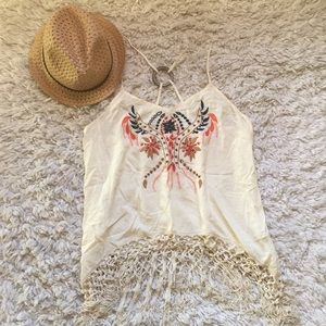 Gimmicks by BKE Cream and Navy Fringe Top
